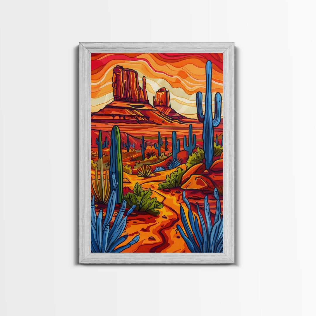 Framed Canvas Print, Vibrant Desert Scene with Cacti and Mesas, Perfect Southwest Wall Art for Living Room or Bedroom Decor