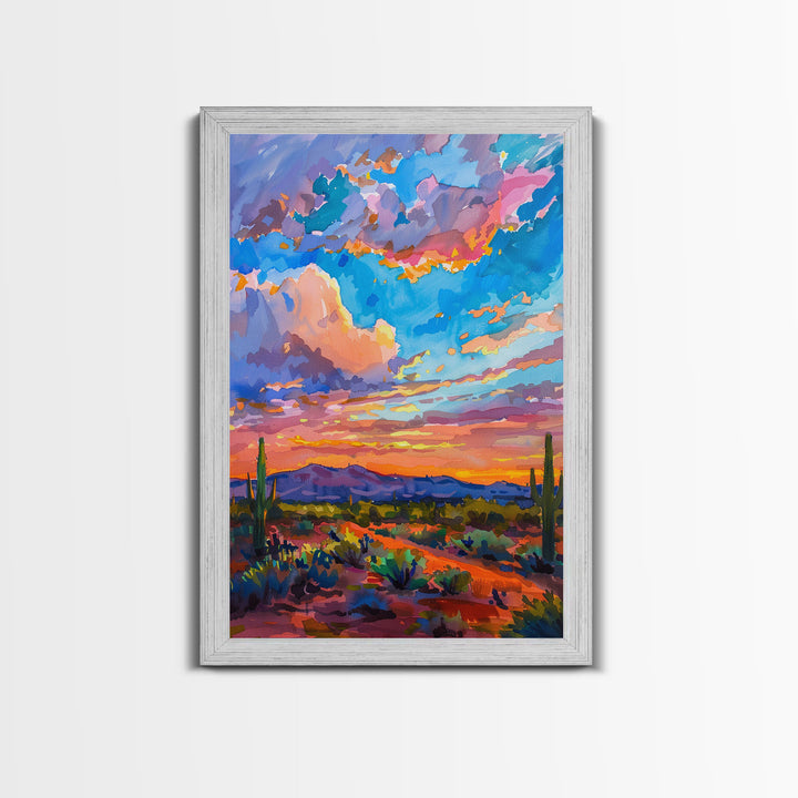 Framed Canvas Print, Colorful Desert Sunset with Cacti, Stunning Wall Art for Living Room or Bedroom Decoration