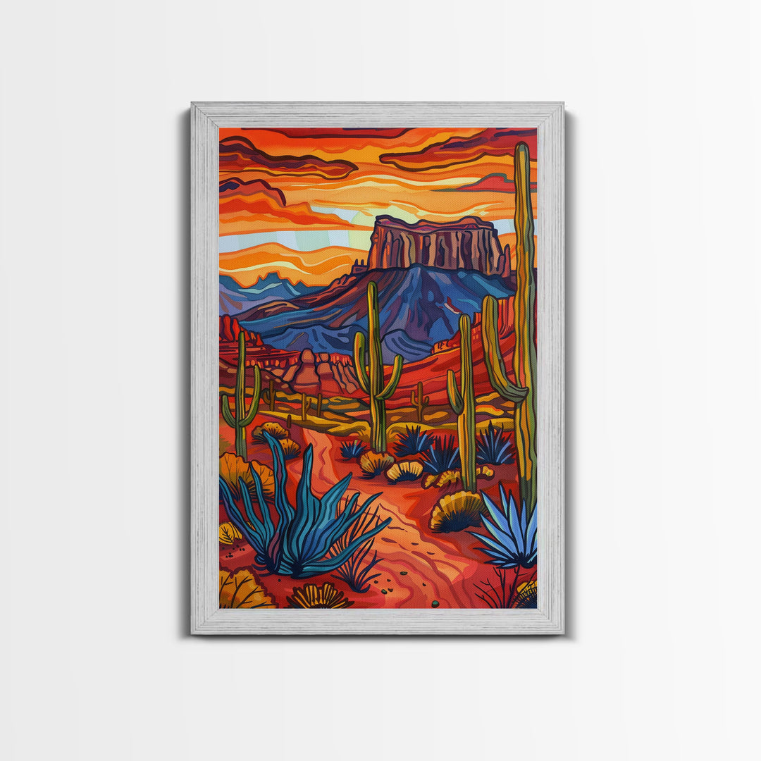 Framed Canvas Print, Bold Desert Landscape with Saguaro Cacti and Mountains, Unique Wall Art for Living Room or Bedroom