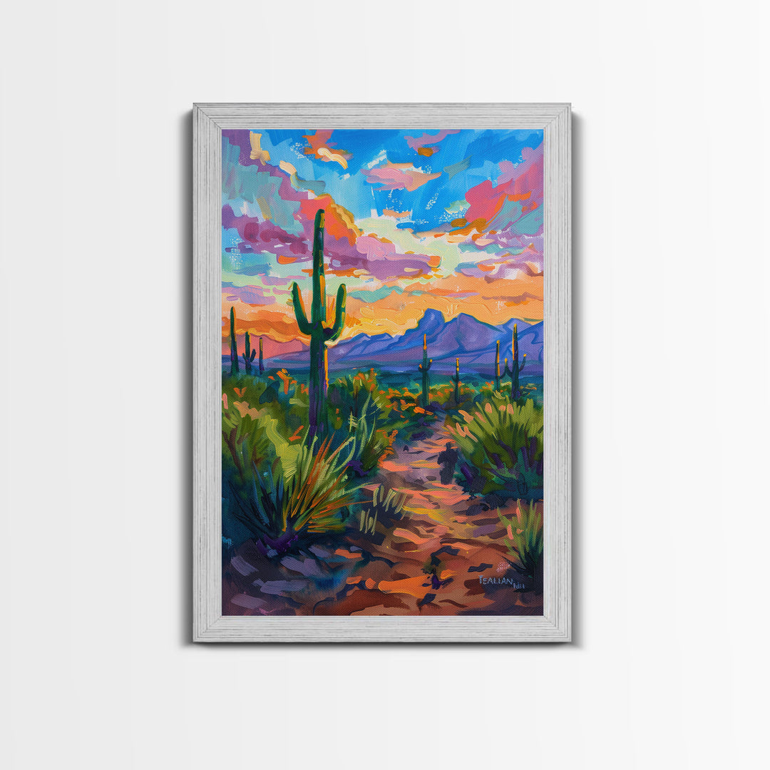 Framed Canvas Print, Sunset Over Desert with Cacti, Stunning Wall Art for Living Room or Bedroom Decor