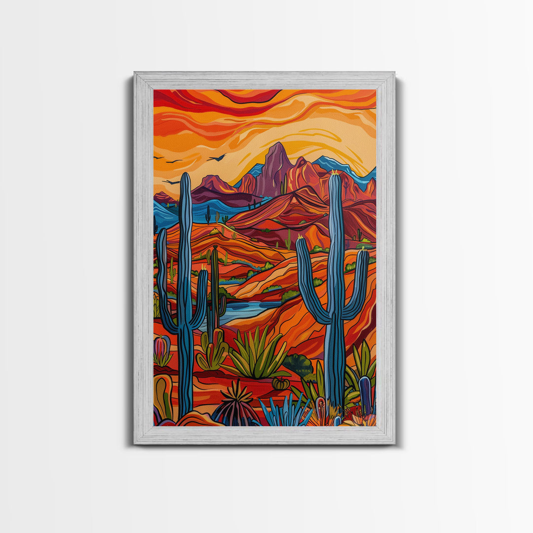 Framed Canvas Print, Bright Desert Landscape with Cacti and Mountains, Perfect Wall Art for Living Room or Bedroom