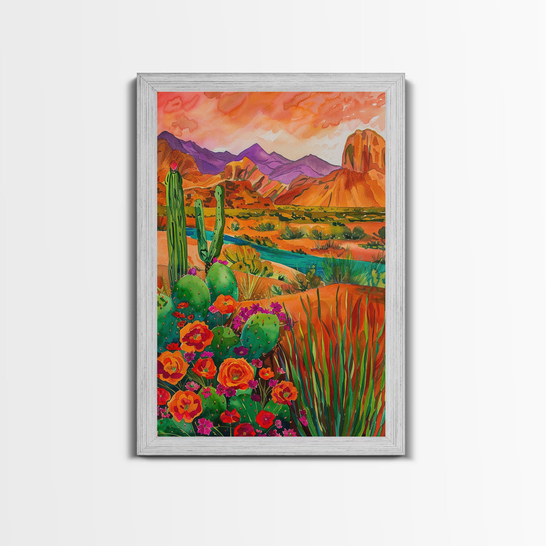 Framed Canvas Print, Colorful Desert Landscape with Blooming Cacti, Beautiful Wall Art for Living Room or Bedroom Decor