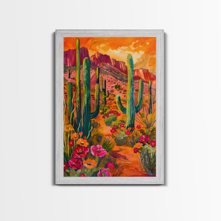 Framed Canvas Print, Vibrant Desert Scene with Saguaro Cacti and Flowers, Unique Wall Art for Living Room or Bedroom