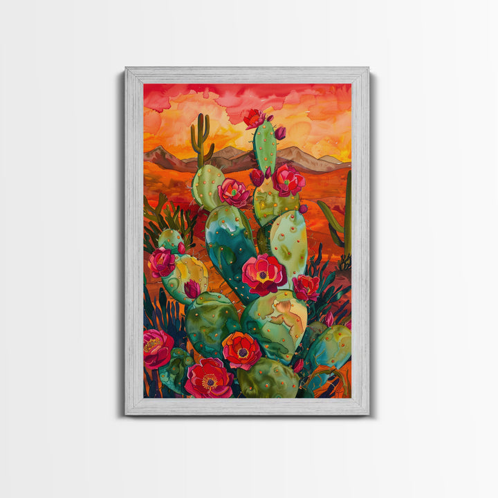 Framed Canvas Print, Blooming Cacti in Desert Sunset, Stunning Wall Art for Living Room or Bedroom Decor