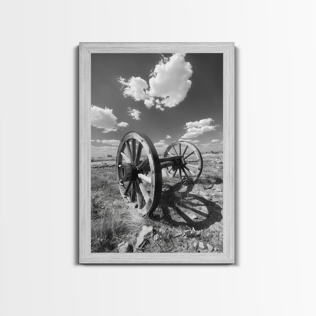 Abandoned wagon wheel on prairie, black and white Western art, Framed Canvas Print, rustic home decor, vintage wall art living room bedroom