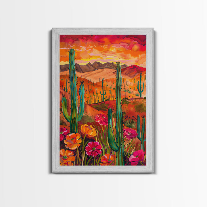 Framed Canvas Print, Vibrant Desert Landscape with Flowers and Cacti, Perfect Wall Art for Living Room or Bedroom Decor