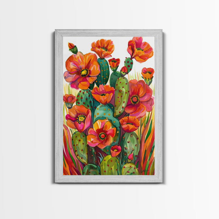 Vibrant Desert Cactus and Flowers, Living Room or Bedroom Wall Art, Framed Canvas Print for Home Decor, Botanical Artwork