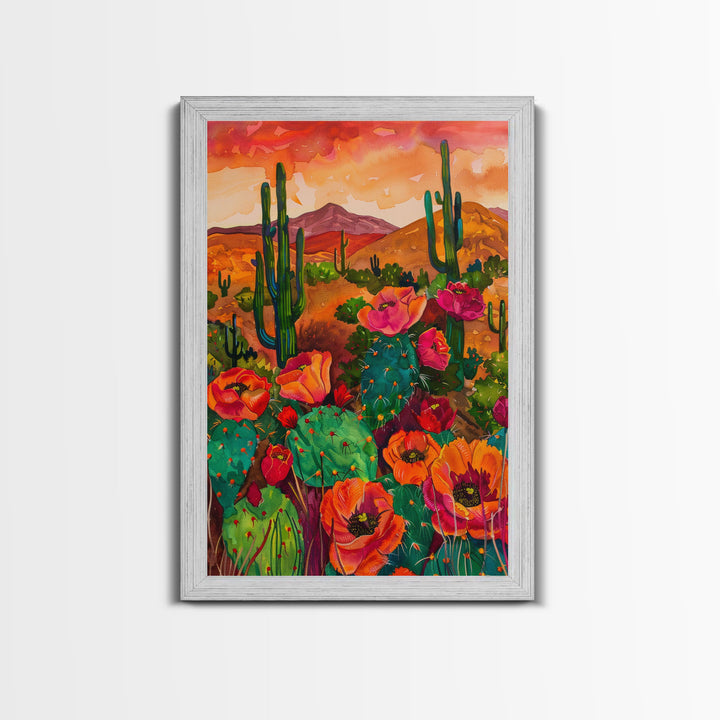 Southwest Desert Landscape with Cacti and Flowers, Colorful Wall Art for Living Room or Bedroom, Framed Canvas Print