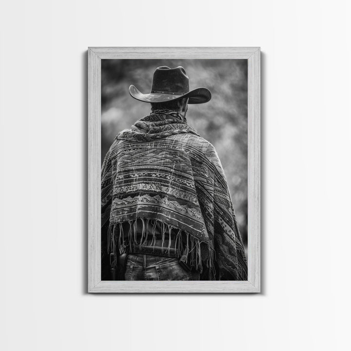 Cowboy in poncho and hat, black and white Western decor, Framed Canvas Print, rustic home art, vintage wall art for living room or bedroom