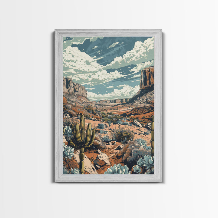 Vintage Western Desert Landscape Art Print, Retro Cactus Framed Canvas, Scenic Southwest Artwork, Unique Desert Wall Decor