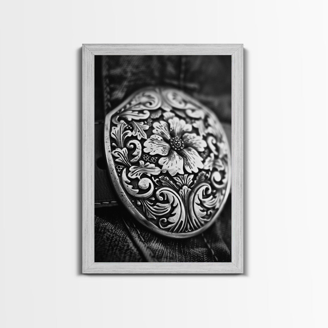 Close-up of Western belt buckle, detailed black and white photography, Framed Canvas Print, rustic home decor, vintage wall art living room