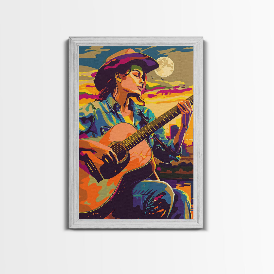 Country Cowboy playing guitar under a colorful sunset, pop art style Framed Canvas Print - music decor, country music art, vibrant wall art