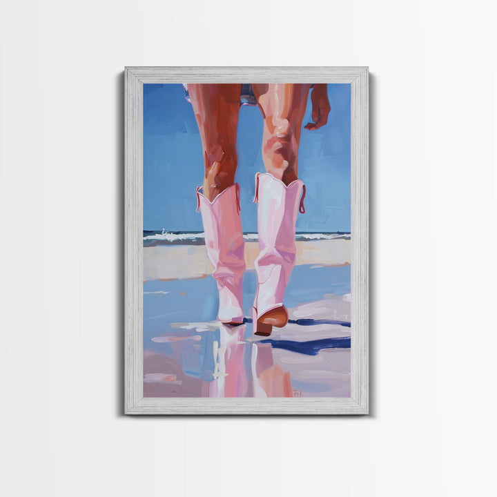 Woman wearing pink cowboy boots standing on the beach, vibrant pop art style Framed Canvas Print - beach fashion, coastal decor, summer art