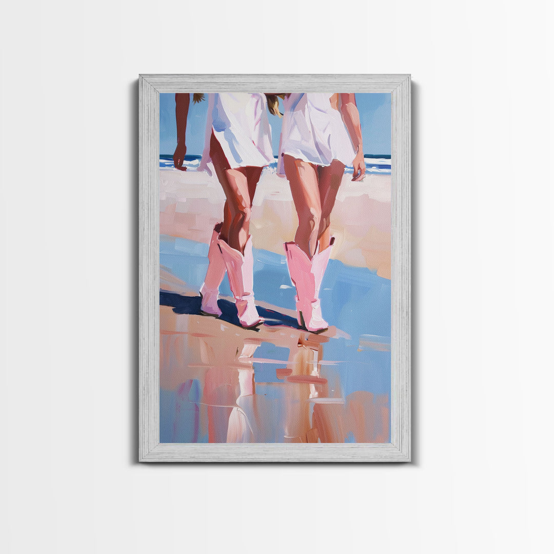 Cowgirls walking on the beach wearing pink cowboy boots, artistic reflection Framed Canvas Print - beach fashion, summer decor, vibrant art