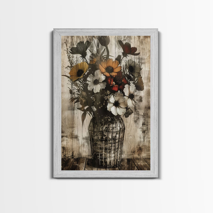 Rustic vase with colorful flowers against a distressed wooden background Framed Canvas Print - floral art, farmhouse decor, rustic wall art