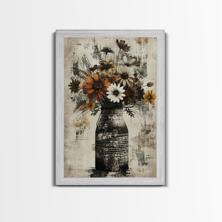 Rustic metal vase filled with autumn flowers on rustic background Framed Canvas Print farmhouse floral rustic decor, vintage flower print