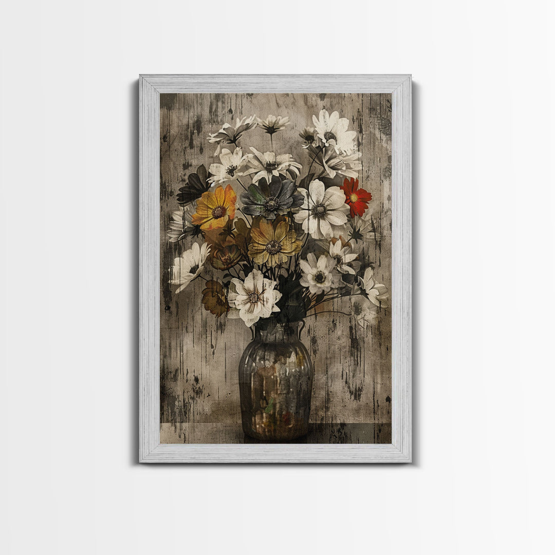 Rustic metal vase with wildflowers on a distressed background Framed Canvas Print - vintage floral art, farmhouse decor, rustic wall art