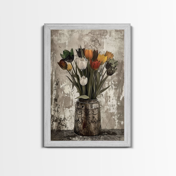 Rustic vase filled with tulips against a distressed background Framed Canvas Print - floral decor, farmhouse wall art, rustic flower print