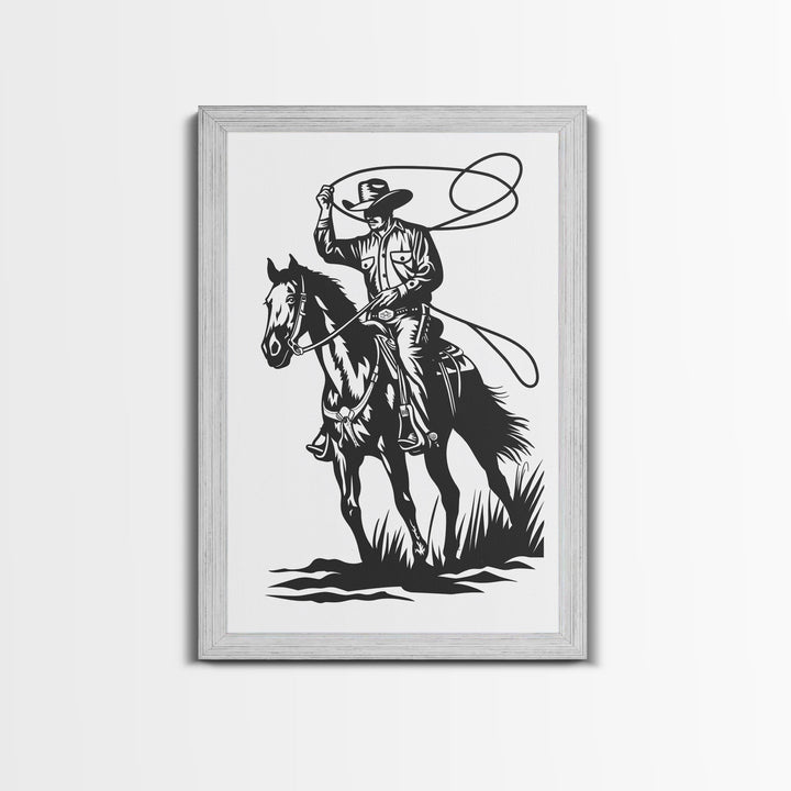 Cowboy Roping Horse Art Print, Western Silhouette Framed Canvas, Vintage Rodeo Cowboy Artwork, Rustic Western Home Decor