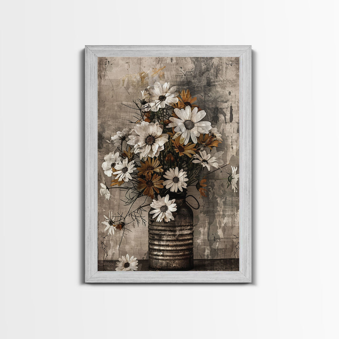 Rustic metal vase with daisies against a distressed background Framed Canvas Print - floral art, farmhouse decor, rustic wall art