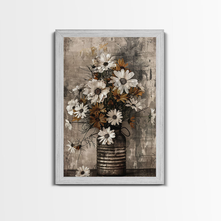 Rustic metal vase with daisies against a distressed background Framed Canvas Print - floral art, farmhouse decor, rustic wall art