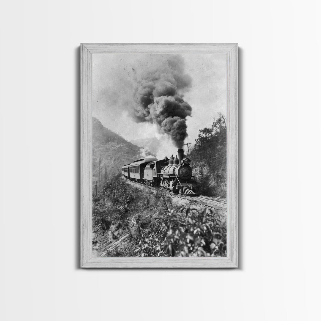 Vintage Train in Motion Black and White Photography - Framed Canvas Print, Railroad Art, Rustic Train Wall Art for Home Decor