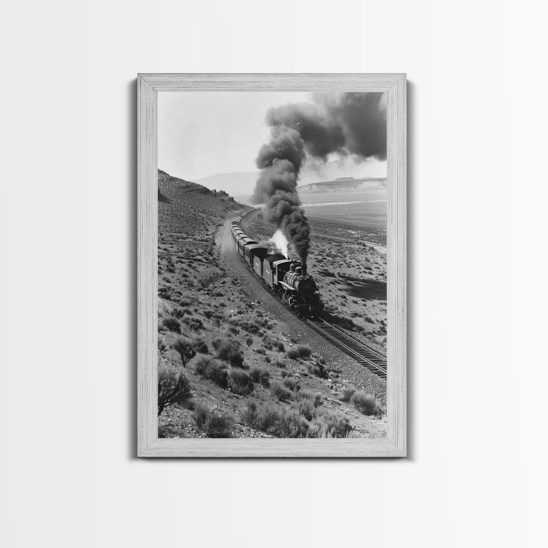 Train Journey Through the Desert Black and White Photography - Framed Canvas Print, Railroad Art, Rustic Train Wall Art Decor