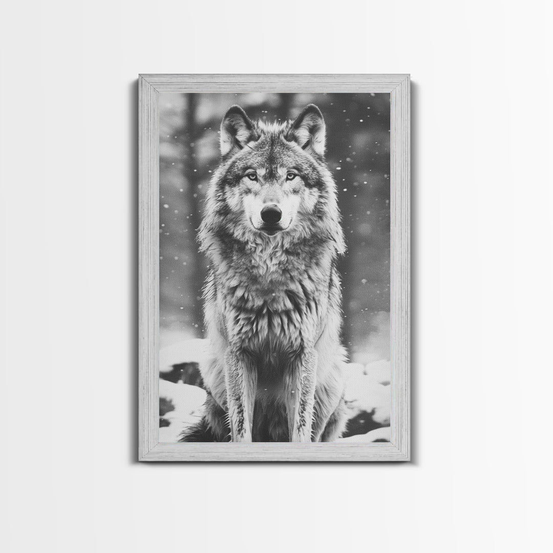 Wolf in Snowy Forest Black and White Photography - Framed Canvas Print, Wildlife Photography, Winter Wolf Art for Home Decor