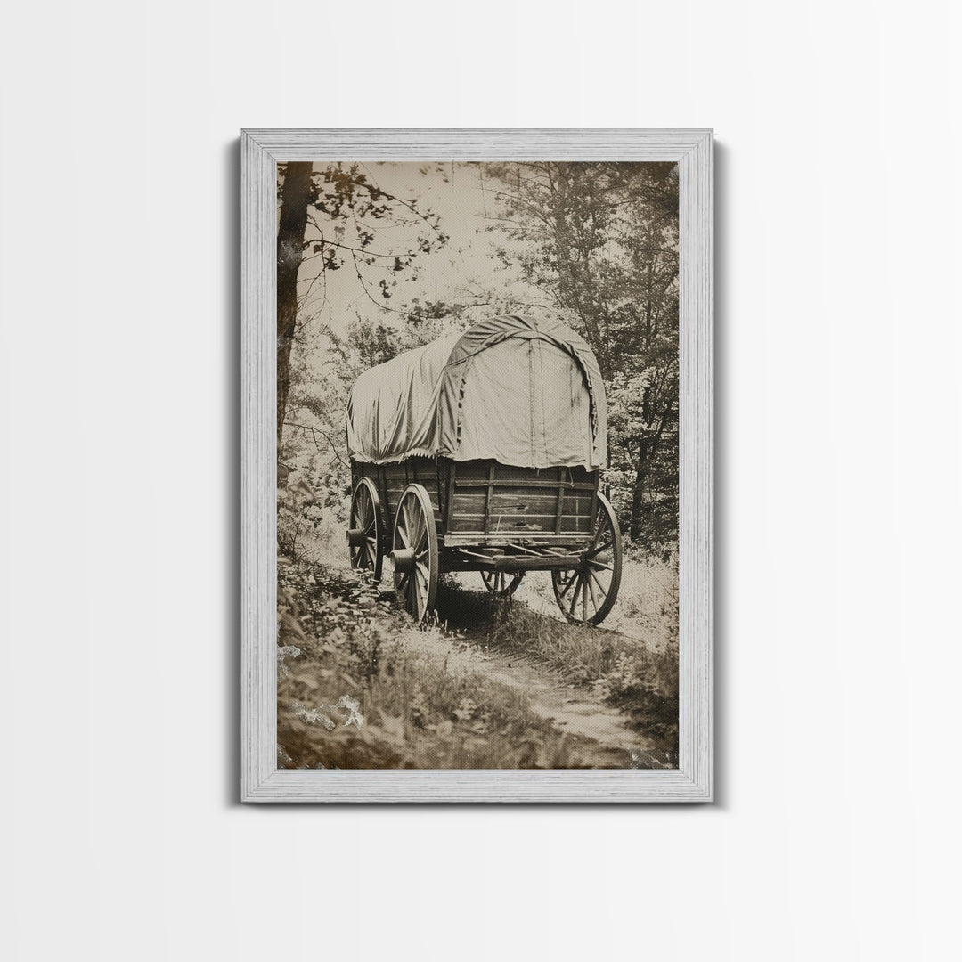 Pioneer Wagon in the Woods - Antique Canvas Print, Rustic Western Wall Art, Vintage Wagon Decor, Historical Art for Living Room