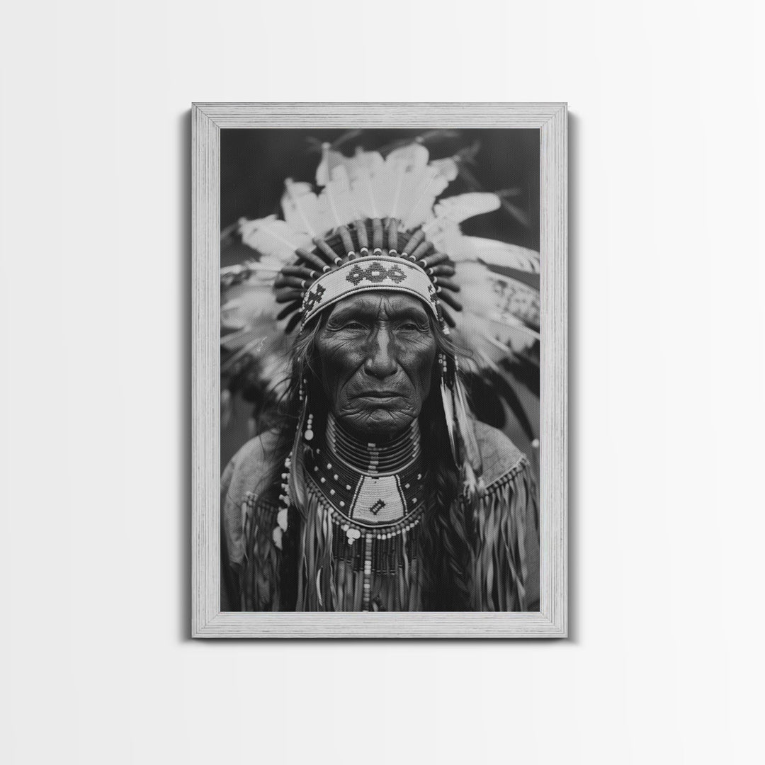 Native American Elder Sepia Print - Framed Canvas Wall Art, Indigenous Decor, Historical Artwork for Living Room, Rustic Wall Art