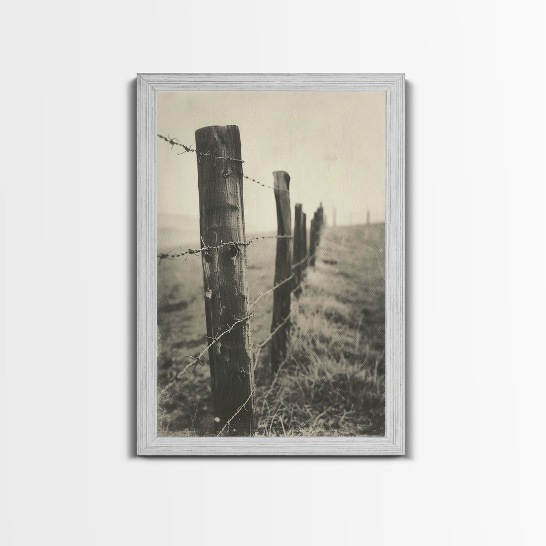 Rustic Barbed Wire Fence Sepia Print - Framed Canvas Wall Art, Western Decor for Living Room, Vintage Fence Art, Farmhouse Decor