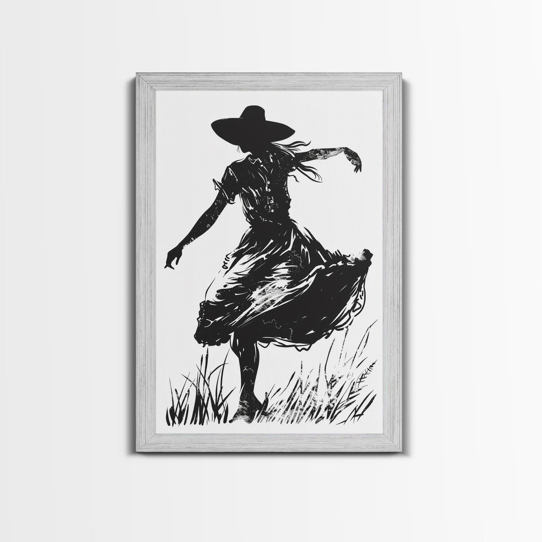 Country Girl Silhouette Art Print, Framed Canvas Western Decor, Vintage Cowgirl Artwork, Rustic Southwest Wall Art for Home