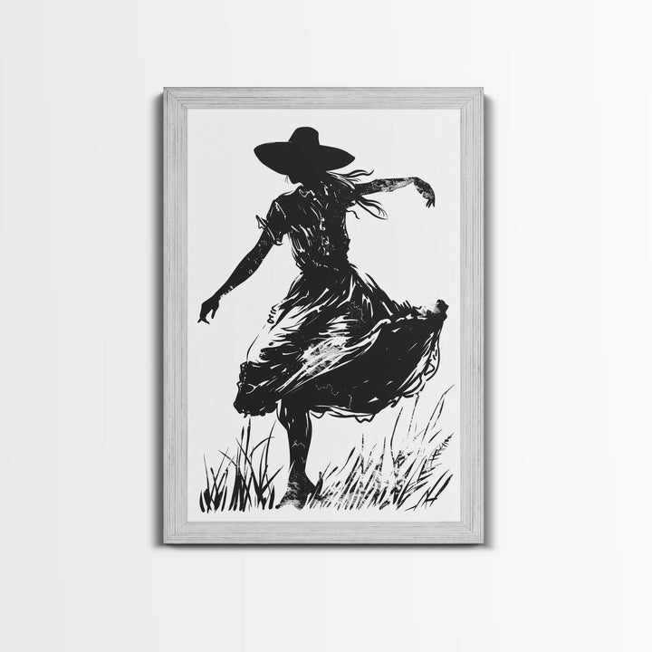 Country Girl Silhouette Art Print, Framed Canvas Western Decor, Vintage Cowgirl Artwork, Rustic Southwest Wall Art for Home