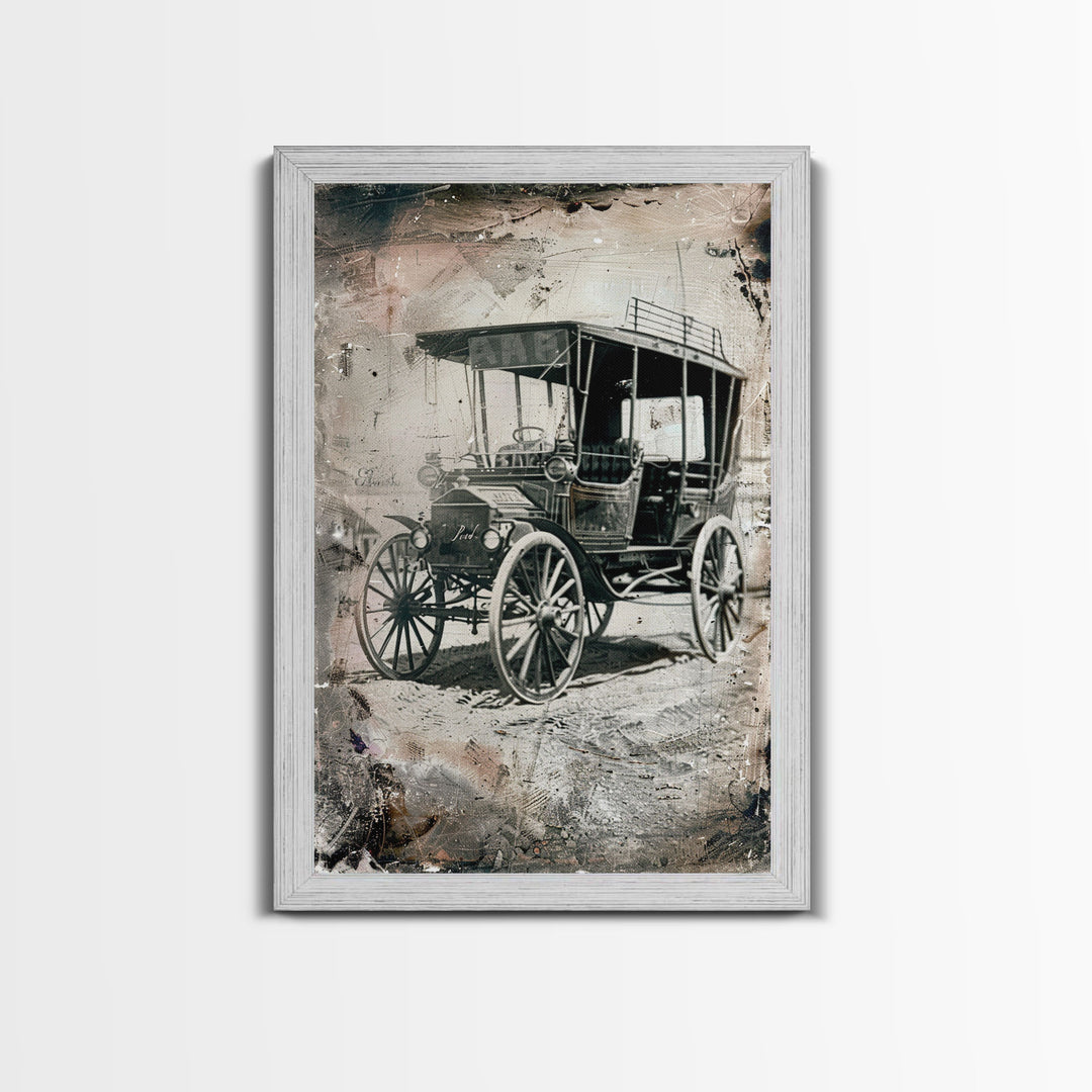 Antique Carriage Sepia Print - Framed Canvas Wall Art, Vintage Vehicle Decor for Living Room, Rustic Antique Car Artwork, Historical Art