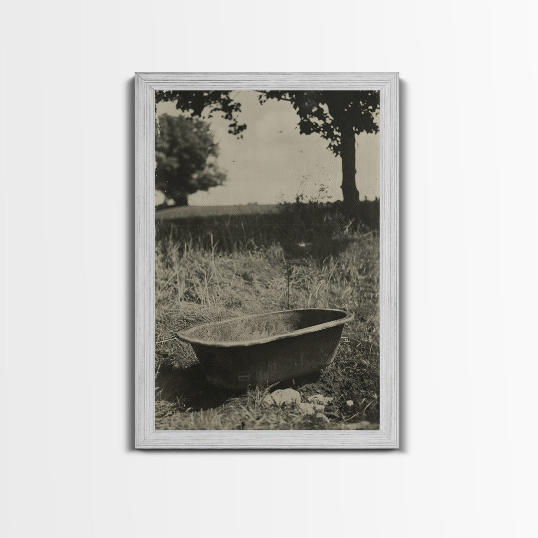 Vintage Farm Bathtub Sepia Print - Framed Canvas Wall Art, Rustic Country Decor, Antique Bathtub Artwork for Living Room, Farmhouse Art