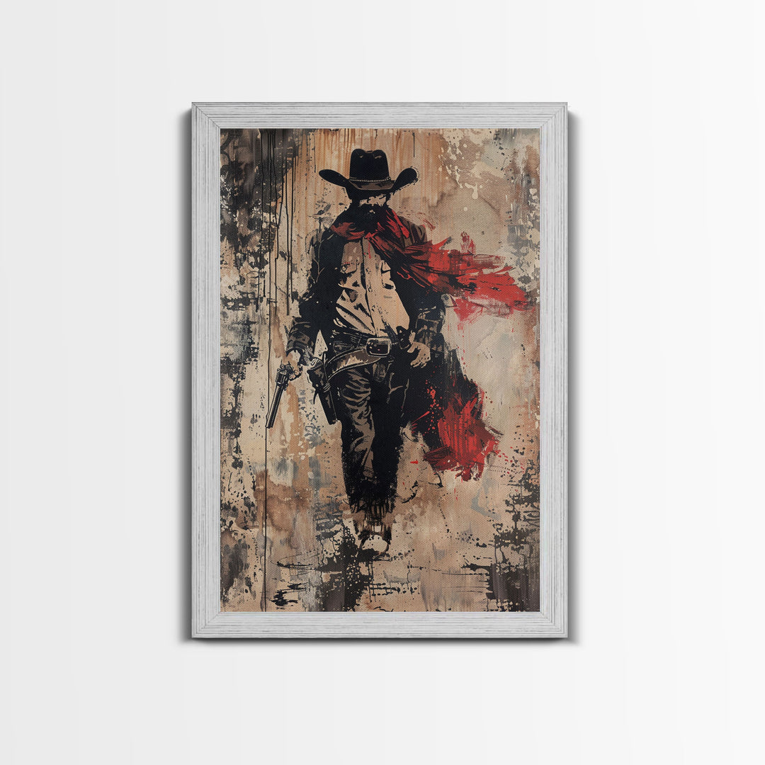 Cowboy with Red Scarf Art Print - Framed Canvas Western Wall Art, Rustic Cowboy Decor for Living Room, Vintage Western Artwork, Cowboy Art