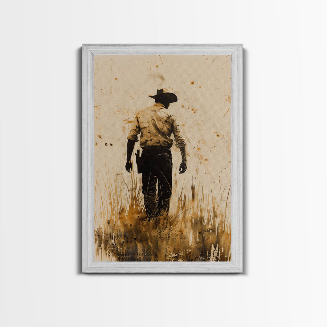 Cowboy Walking in the Field Print - Framed Canvas Wall Art, Rustic Western Decor, Cowboy Artwork for Living Room, Vintage Art, Rustic Decor