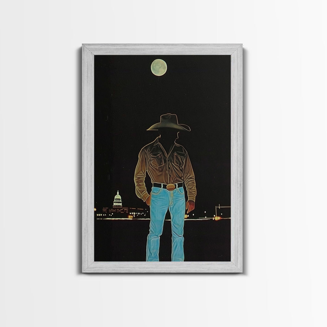 Cowboy Under the Moon Print - Framed Canvas Wall Art, Rustic Western Decor, Nighttime Cowboy Artwork for Living Room, Western Night Sky