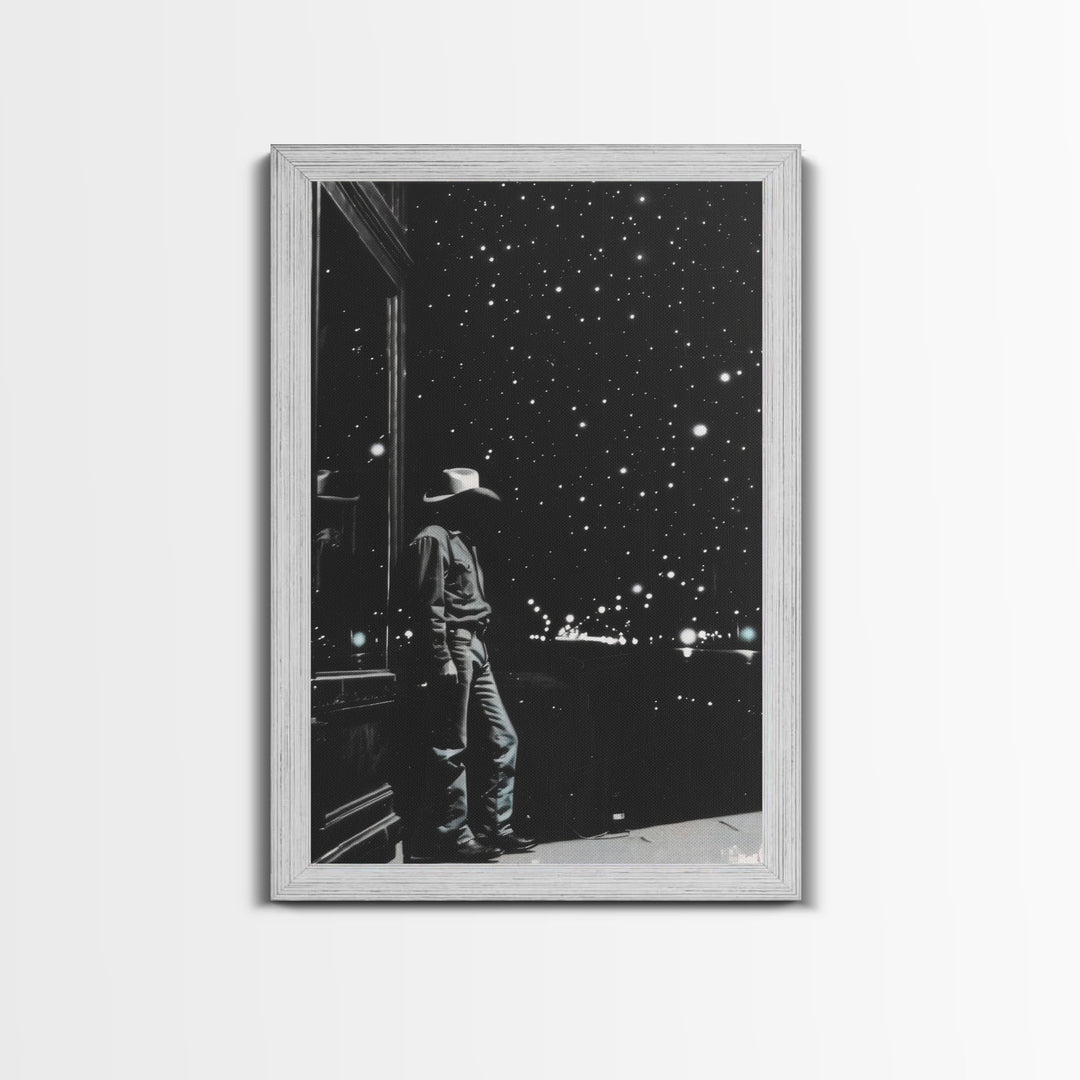 Cowboy in Starry Night Print - Framed Canvas Wall Art, Rustic Western Decor, Starry Sky Cowboy Artwork for Living Room, Night Sky Art