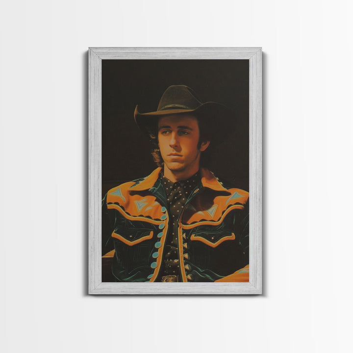 Retro Cowboy Portrait Print - Framed Canvas Wall Art, Rustic Western Decor, Vintage Cowboy Artwork for Living Room, Historical Portrait