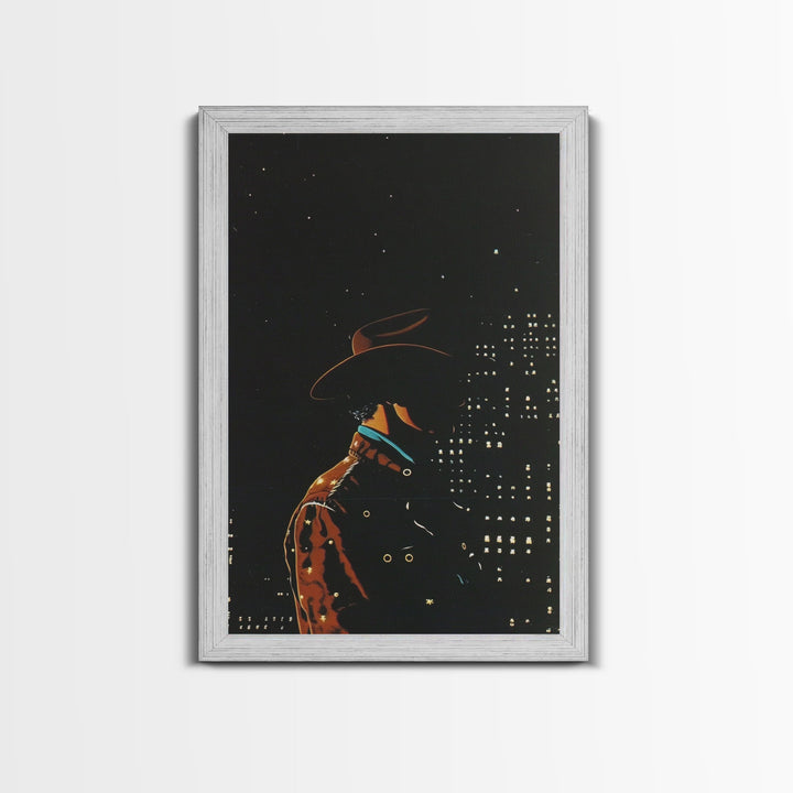 Cowboy in the City Night Print - Framed Canvas Wall Art, Urban Western Decor, City Cowboy Artwork for Living Room, Modern Western Art