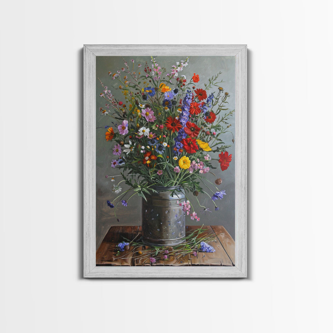 Wildflower Bouquet Print - Framed Canvas Wall Art, Rustic Floral Decor for Living Room, Colorful Wildflower Artwork for Home, Botanical Art