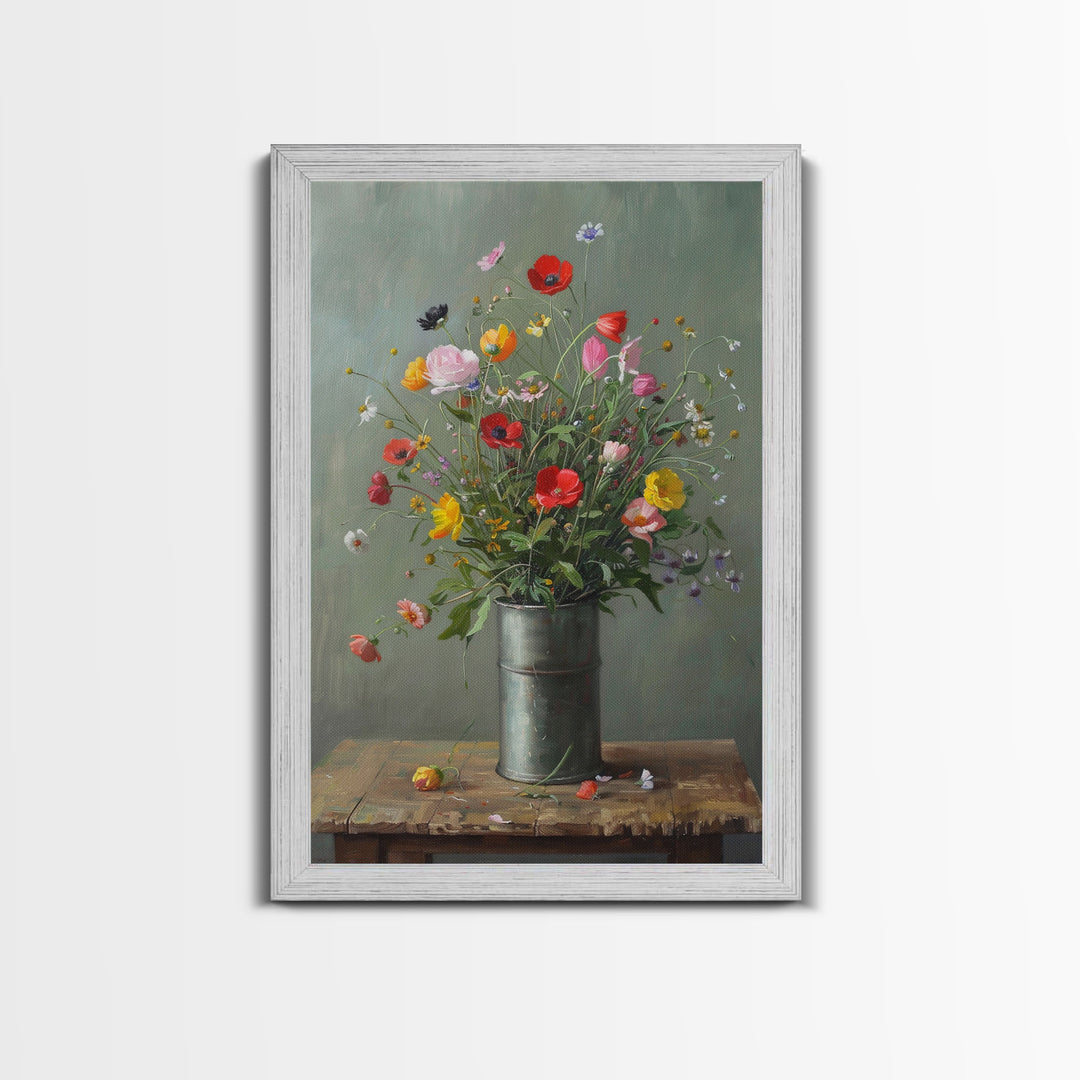 Rustic Flower Vase Art on Weathered Table - Framed Canvas Print, Country Living Room Decor, Farmhouse Floral Wall Art, Vintage Floral Design