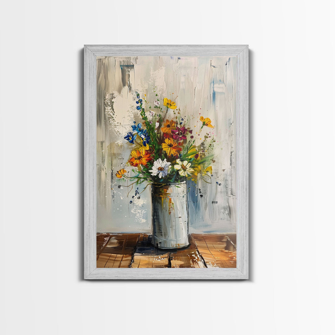 Modern Abstract Flower Vase Art - Framed Canvas Print, Colorful Floral Decor for Living Room, Contemporary Flower Artwork, Bright Home Decor