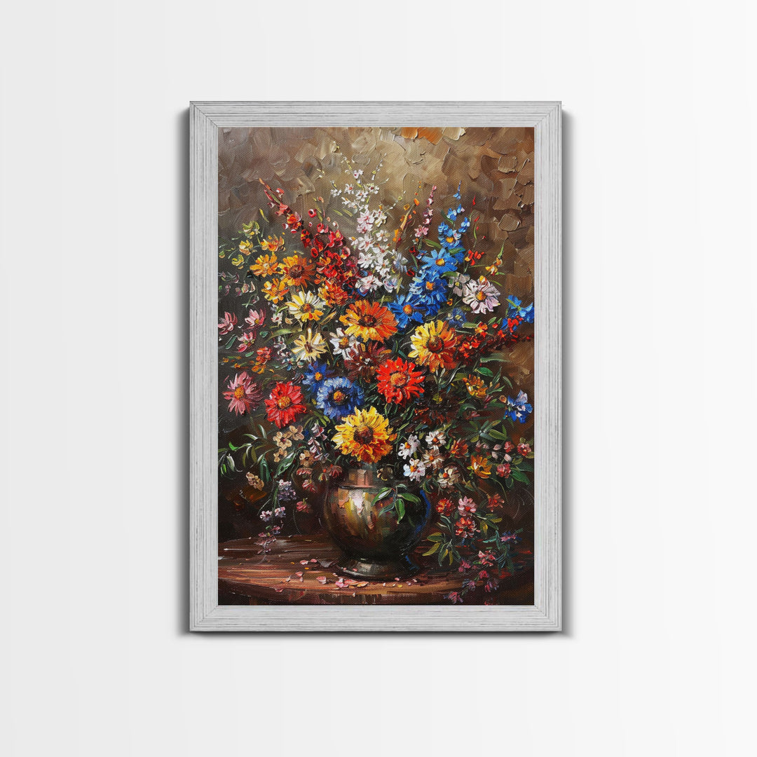 Bold Flower Bouquet Art on Dark Background - Framed Canvas Print, Vibrant Floral Wall Art for Living Room, Modern Artwork, Flower Decor