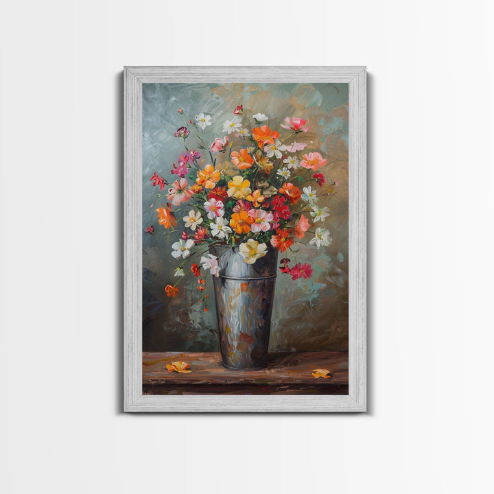 Elegant Floral Vase Art with Soft Colors - Framed Canvas Print, Pastel Flower Decor for Living Room, Light Floral Artwork, Romantic Wall Art