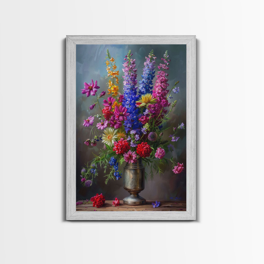 Dramatic Floral Vase Art on Rich Background - Framed Canvas Print, Bold Flower Decor for Living Room, Botanical Artwork, Floral Wall Art