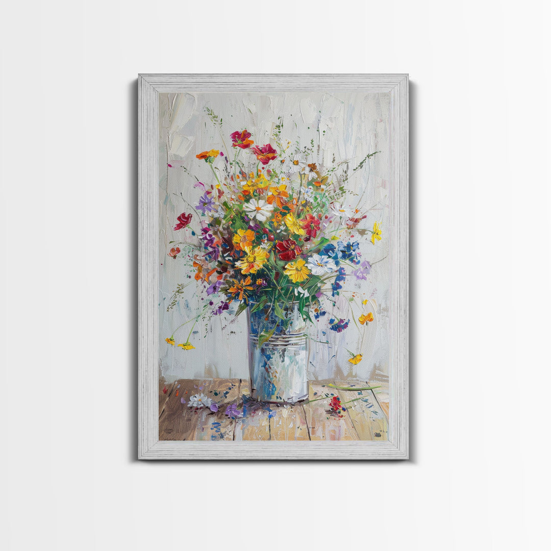 Delicate Flower Vase Art with Light Colors - Framed Canvas Print, Soft Floral Decor for Living Room, Gentle Botanical Artwork, Pastel Wall A