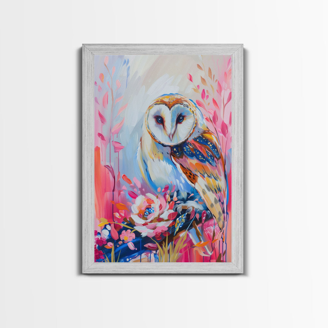 Colorful Owl Art on Pink Background - Framed Canvas Print, Modern Animal Decor for Living Room, Bright Bird Artwork, Whimsical Wall Art