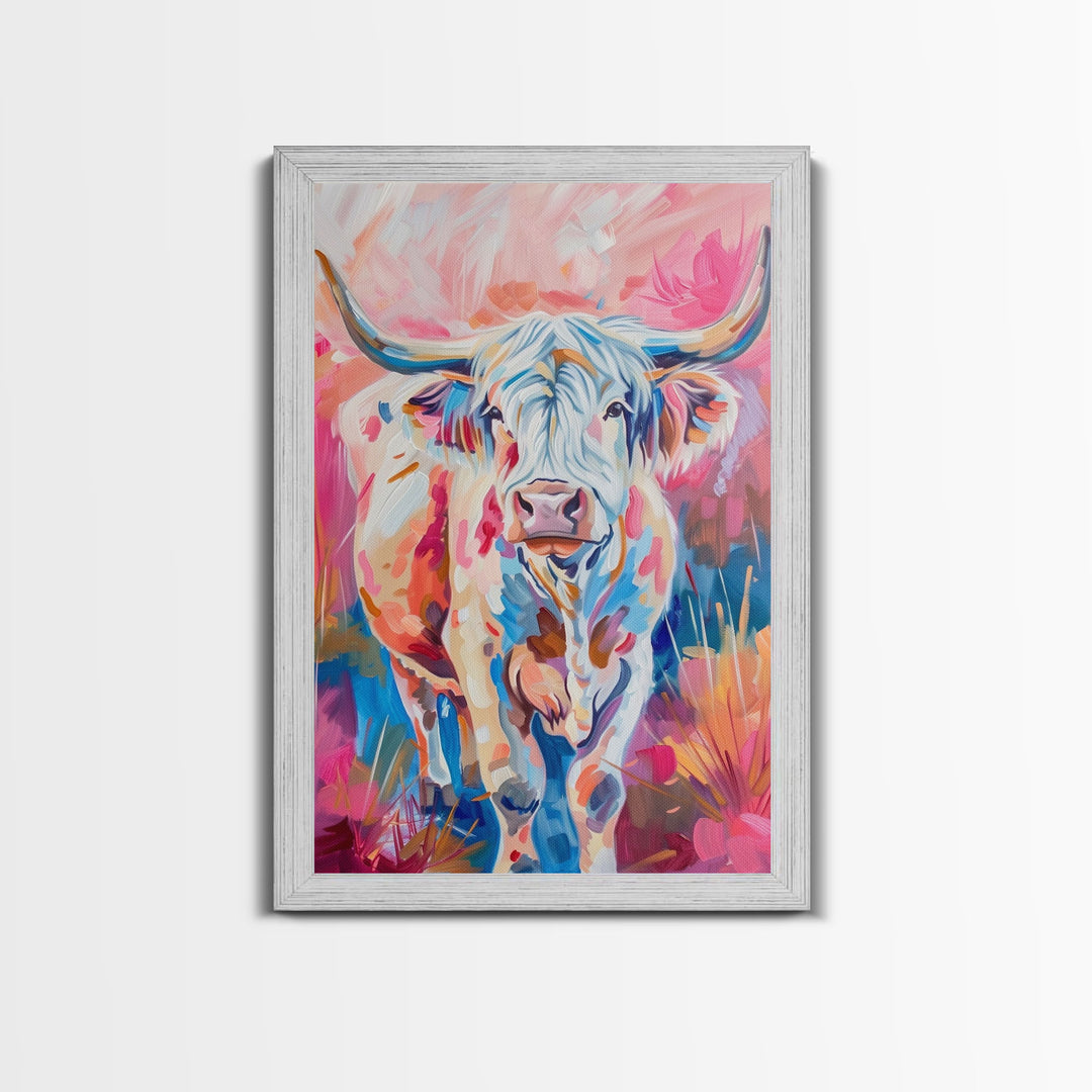 Colorful Highland Cow Art - Rustic Farmhouse Wall Decor, Vibrant Animal Painting, Living Room Art, Highland Cow Canvas Print